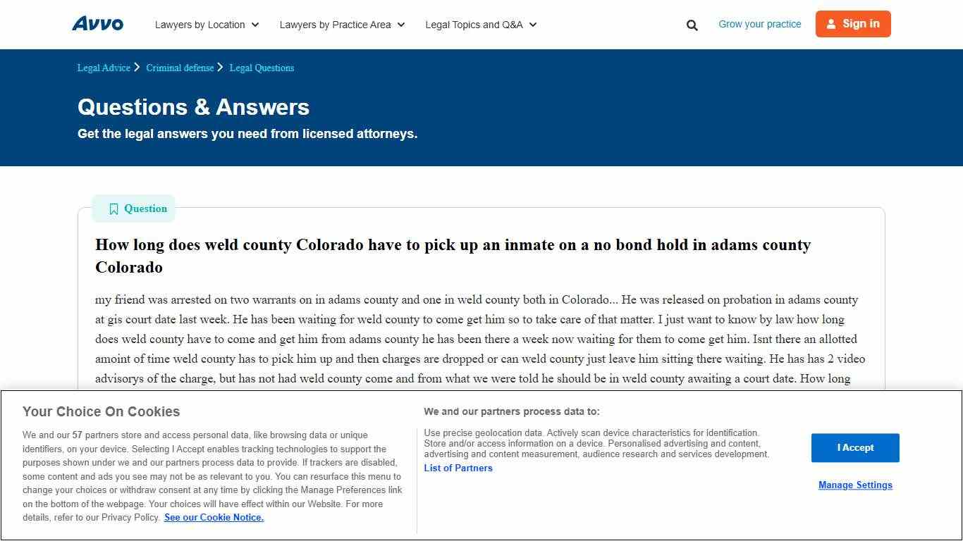 How long does weld county Colorado have to pick up an inmate on a no bond hold in adams county Colorado - Legal Answers