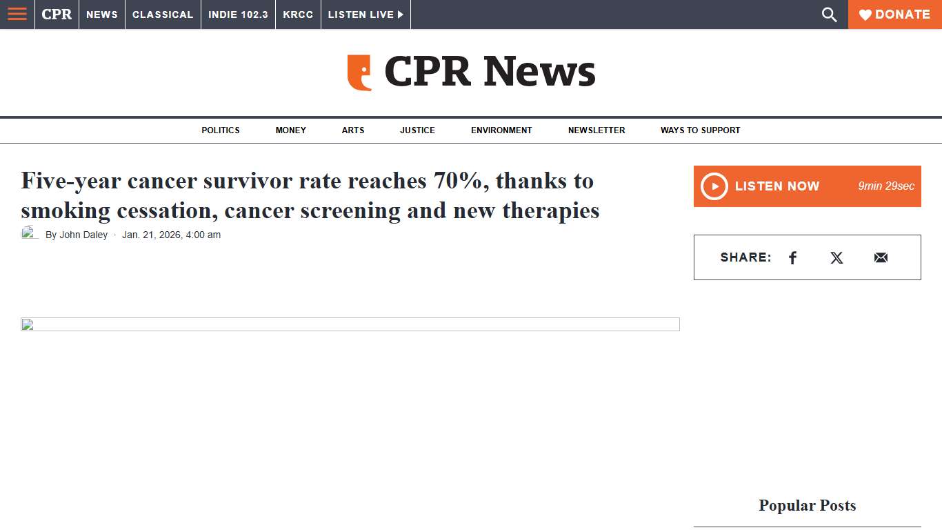 Five-year cancer survivor rate reaches 70%, thanks to smoking cessation, cancer screening and new therapies